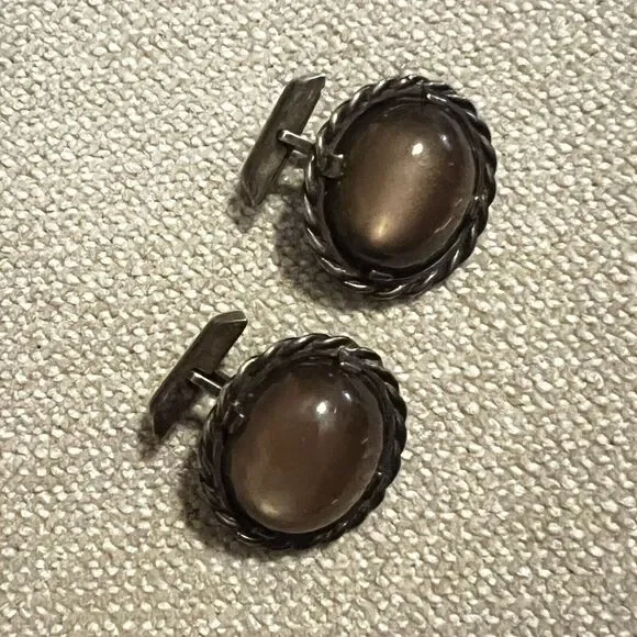 Vintage Ed Harris Sterling Silver Tigers Eye Agate Modernist Handmade Cufflinks - Picture 2 of 9